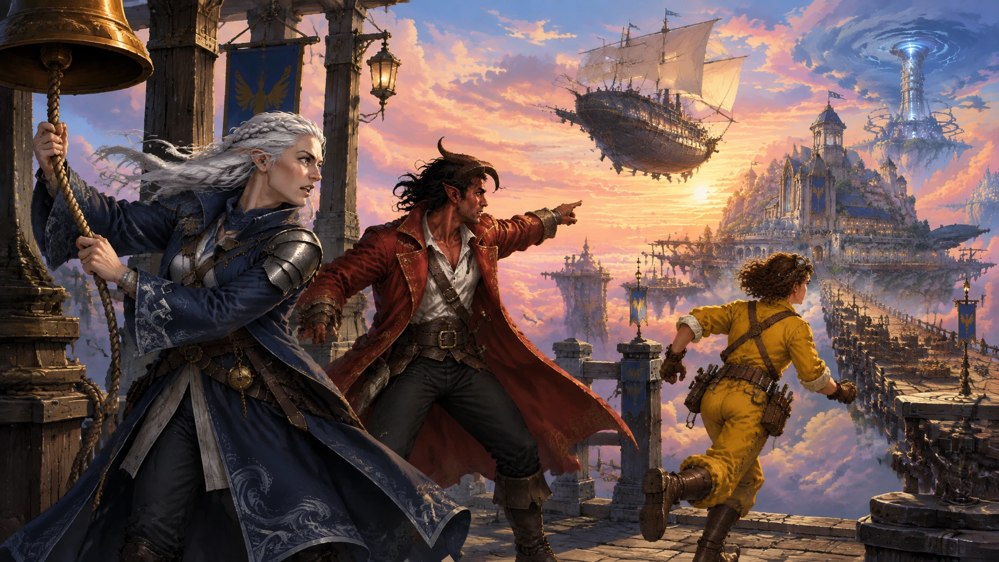 At Kestrel Skyport, Neris pulls the alarm bell as Rook points toward a raider airship and Tavi races across the docks.