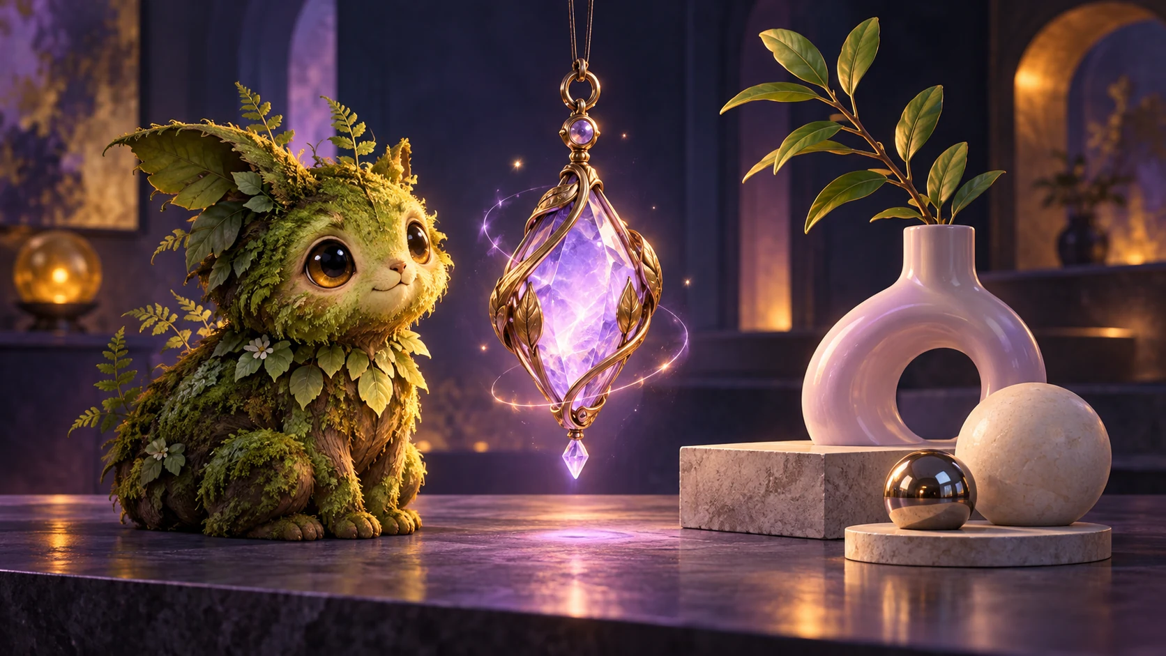 A friendly moss creature, a glowing purple pendant, and a modern ceramic still life arranged together on a violet-lit tabletop.