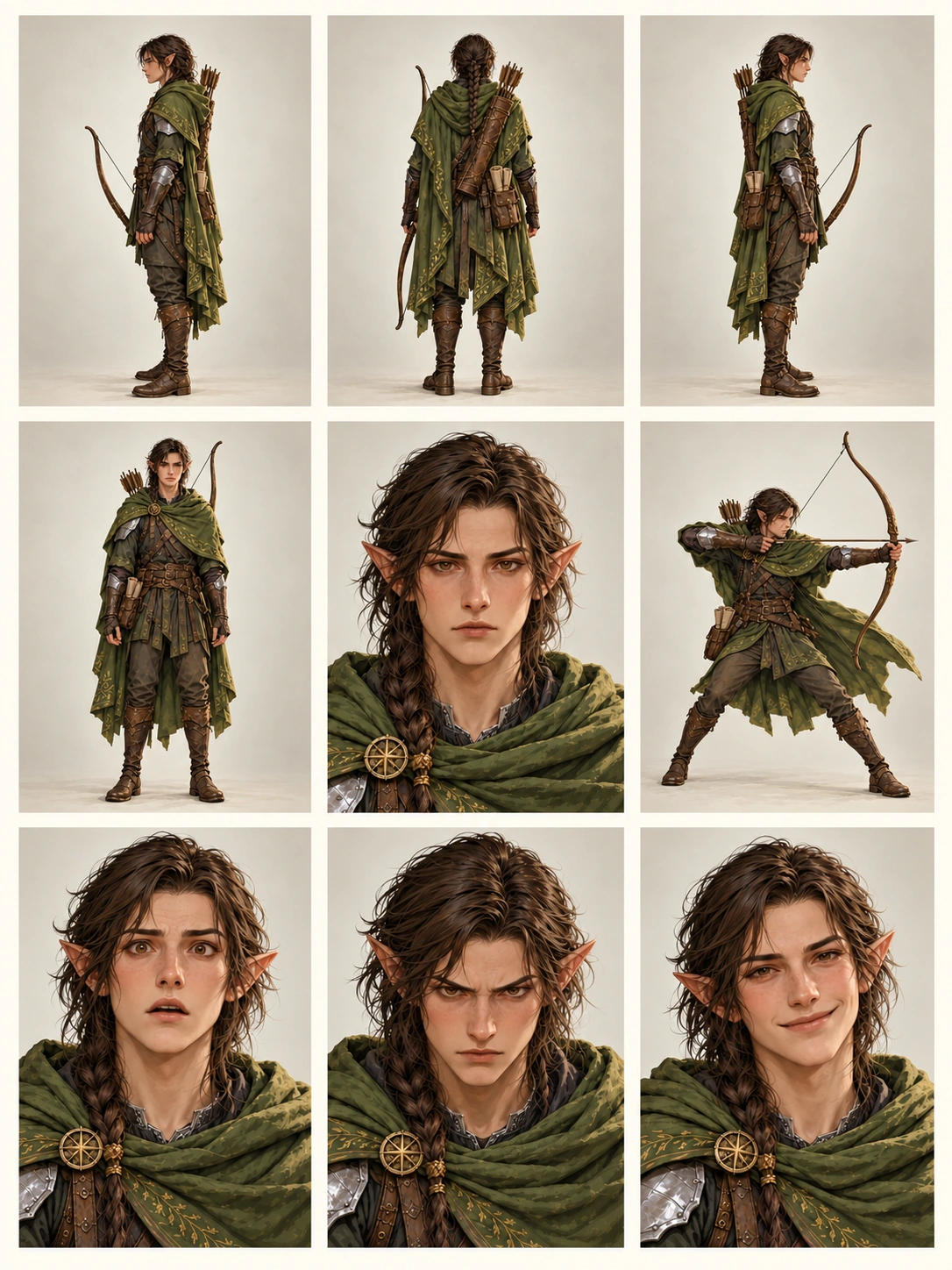 Illustrative nine-view reference sheet for Ilyr: right, back, left, and front full-body views, a neutral face close-up, an archery combat pose, and surprised, angry, and happy expressions.