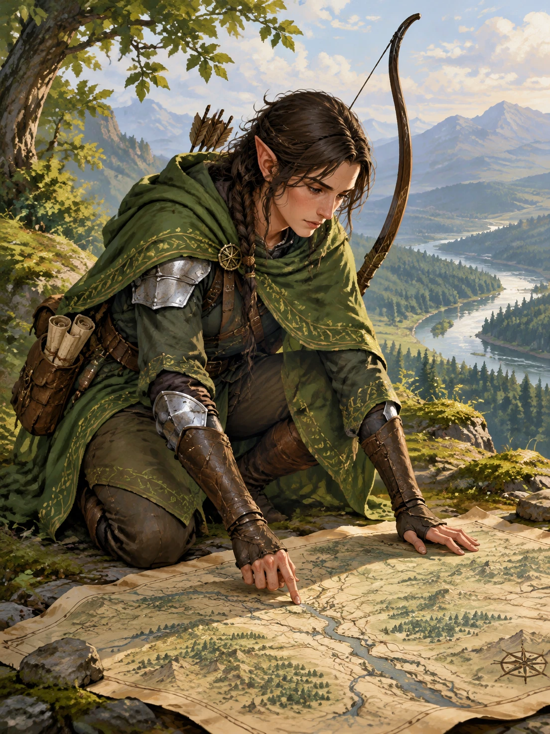 Ilyr, with dark hair, a green cloak, and a longbow.