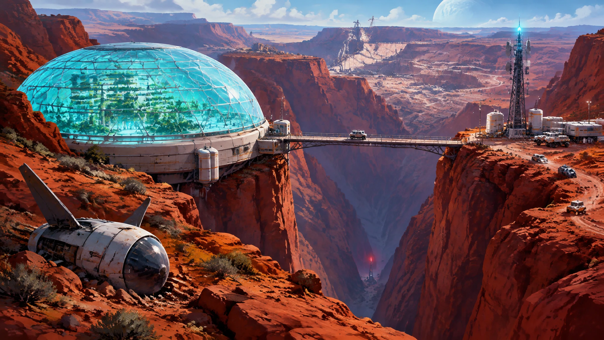 The turquoise dome of Redglass Colony and its bridge span a red sandstone canyon in daylight.