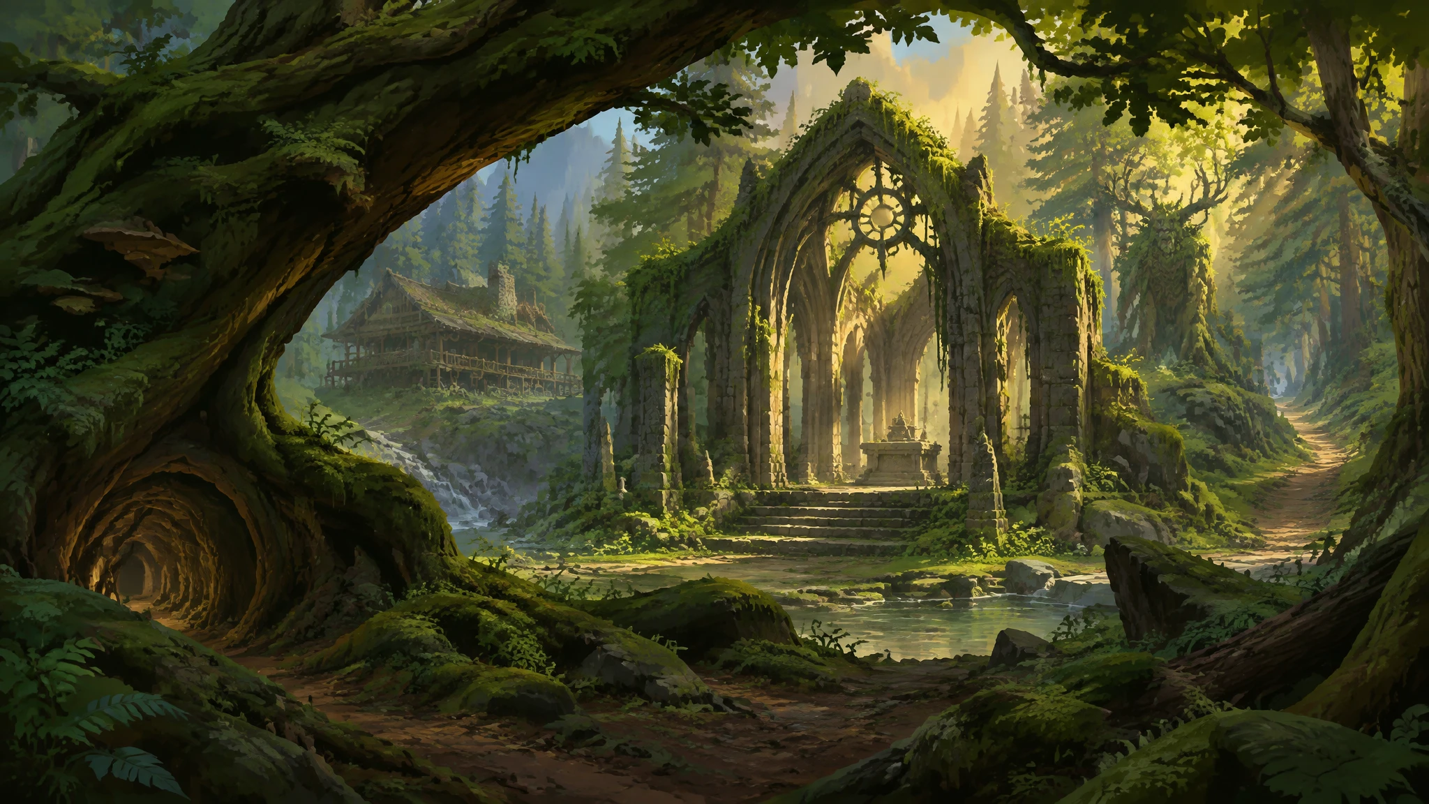 Moss Crown Wood, with moss-covered ruins and a tall arch beneath sunlit trees.