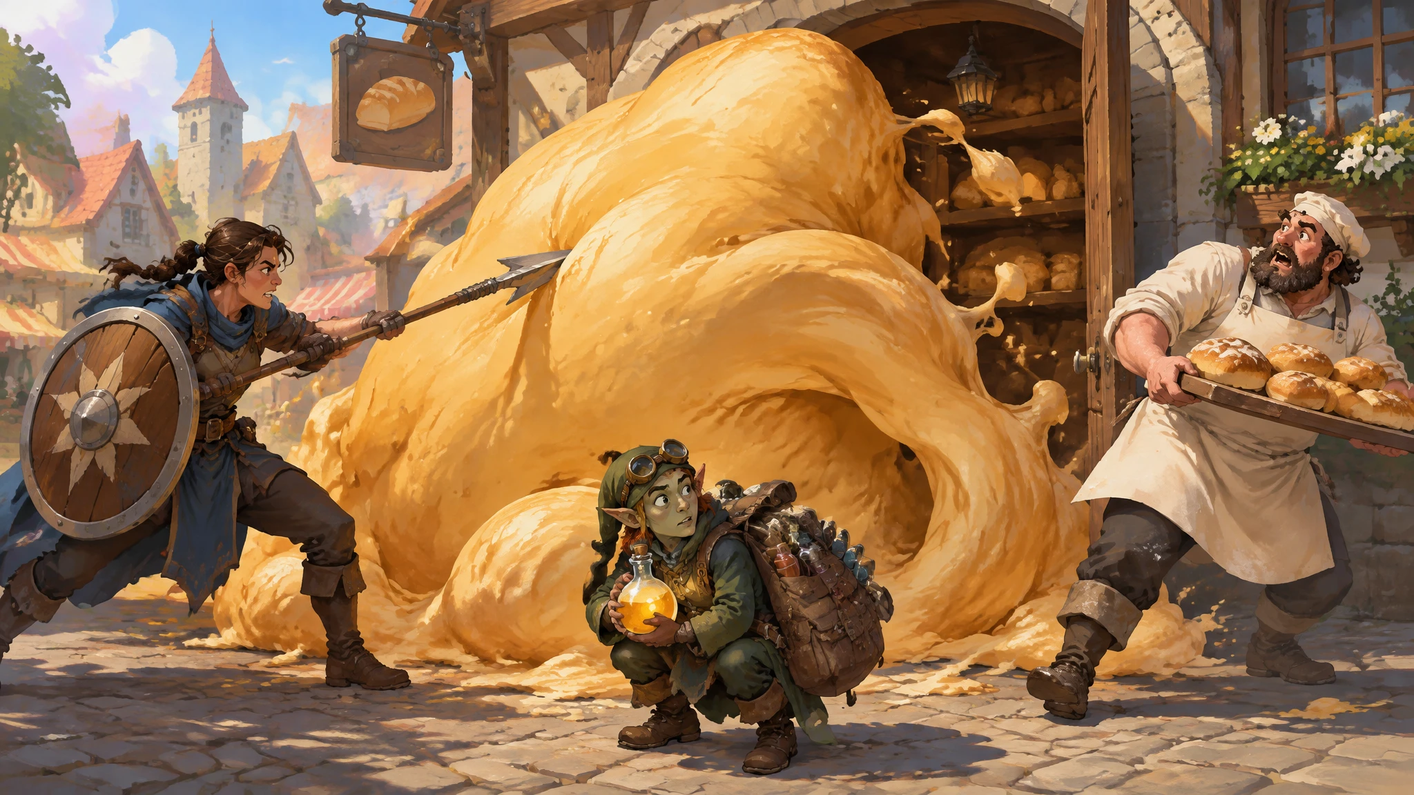 Mara raises her spear and shield as a huge mass of enchanted dough bursts from a village bakery.