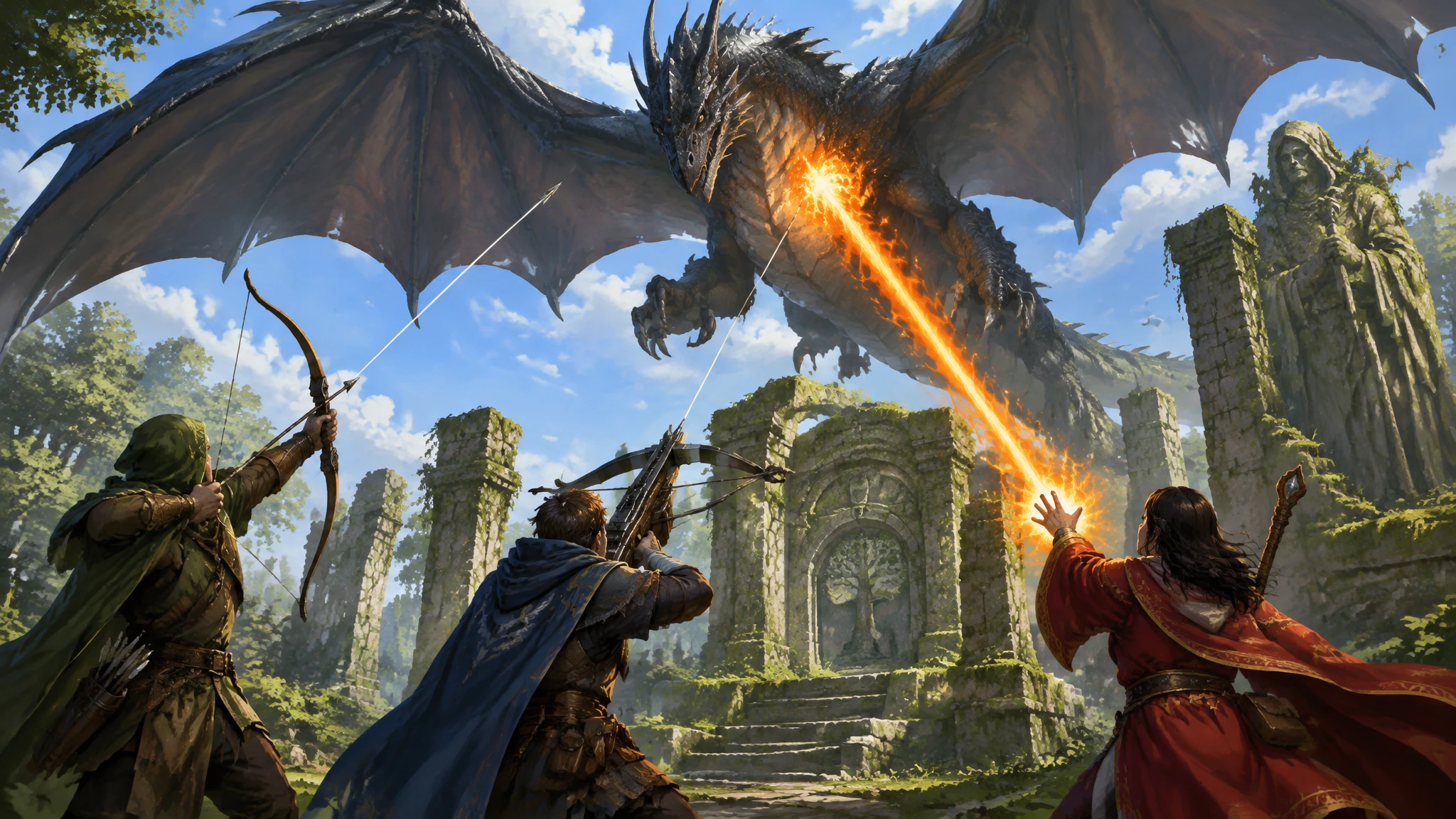 Adventurers, including a green-cloaked archer, confront a fire-breathing wyvern over a sunlit woodland shrine.