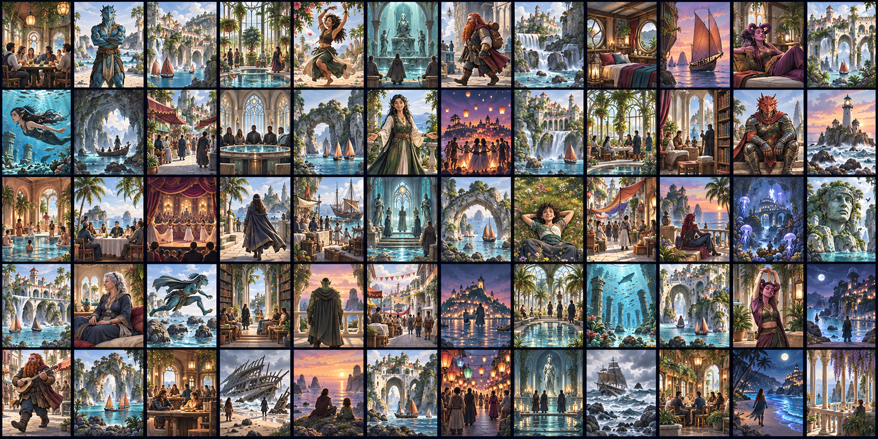 Original Tideglass Coast campaign concept collage: characters, places, and story moments